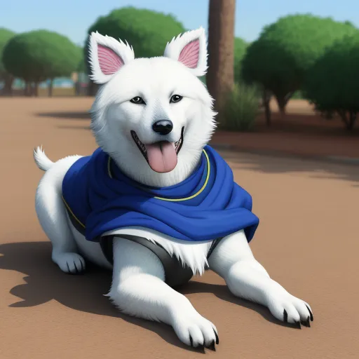 a white dog wearing a blue shirt and a blue scarf is sitting on the ground in a park area, by Hanna-Barbera