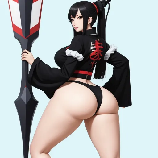 make image higher resolution - a woman in a black outfit holding a large sword and posing for a picture with her butt exposed and a big butt, by Baiōken Eishun