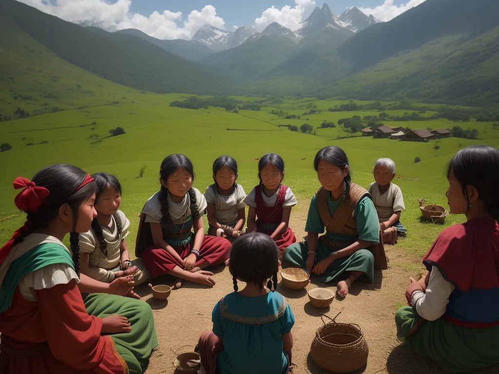 how to fix low resolution photos - a group of children sitting on the ground in a circle with mountains in the background and a valley in the distance, by Elizabeth Gadd