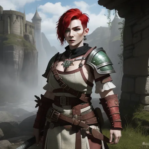 a woman with red hair and a sword in a fantasy setting with a castle in the background and fog in the air, by François Quesnel