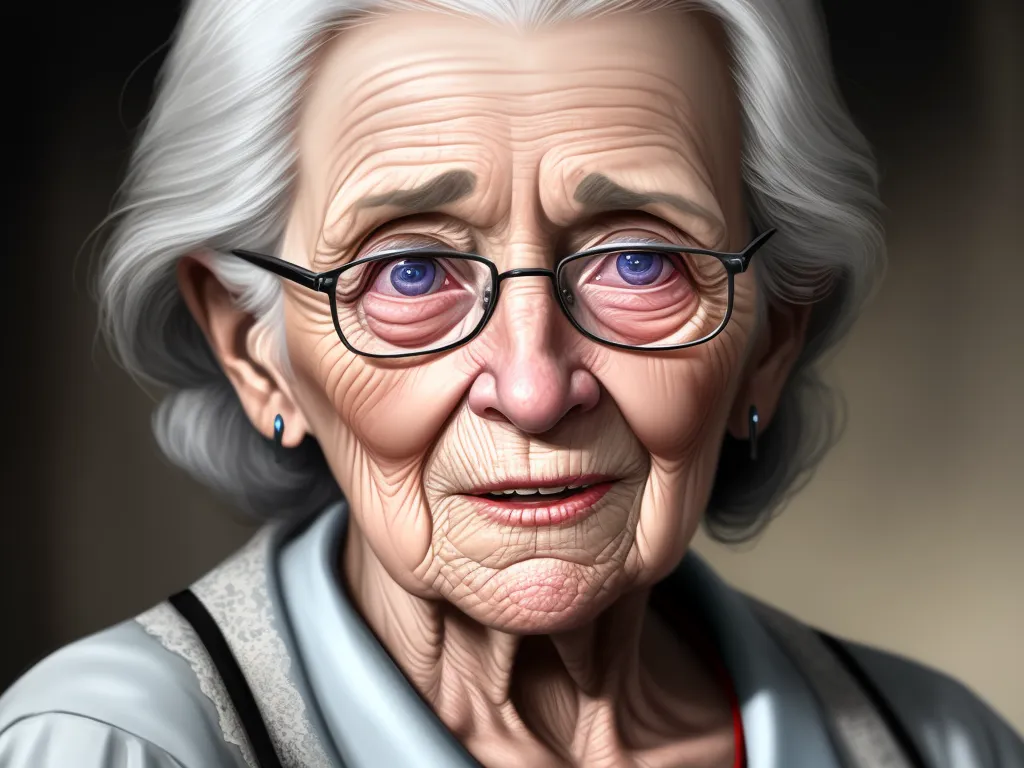 a digital painting of an elderly woman with glasses and a scarf on her neck, looking at the camera, by Anton Semenov