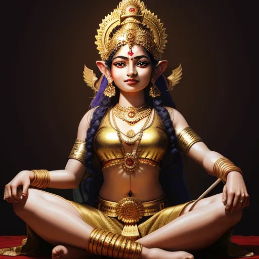 a woman in a golden outfit sitting in a lotus position with her hands crossed and eyes closed, with a black background, by Raja Ravi Varma