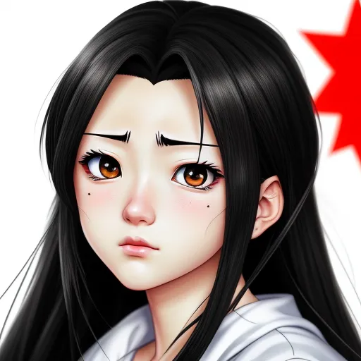 a girl with long black hair and a star on her head is looking at the camera with a sad expression, by Hirohiko Araki