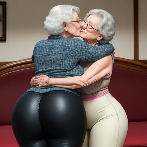 a woman hugging another woman in tight pants on a couch in a room with red couches and a red couch, by Botero