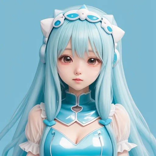 a anime girl with blue hair and a blue outfit with white ears and ears, wearing a blue outfit with white ears and a blue wig, by Terada Katsuya