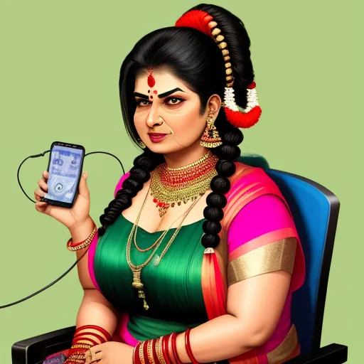 a woman in a green and pink sari holding a cell phone in her hand and a green background, by Raja Ravi Varma