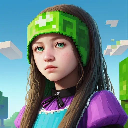 ai text to image - a girl with long hair wearing a green hat and a purple shirt with a green cross on it, in front of a blue sky, by Liu Ye