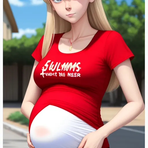 free text to image generator - a woman in a red shirt holding a white object in her hand and a red shirt on her chest, by Studio Ghibli