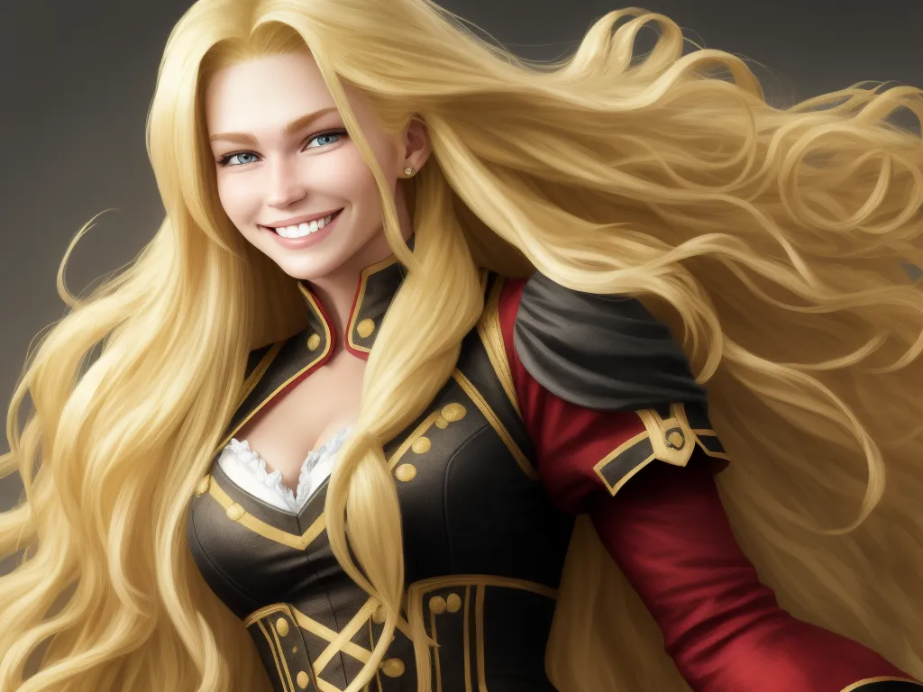 a woman with long blonde hair and a black and red outfit with a red and gold trim and a smile, by Lois van Baarle