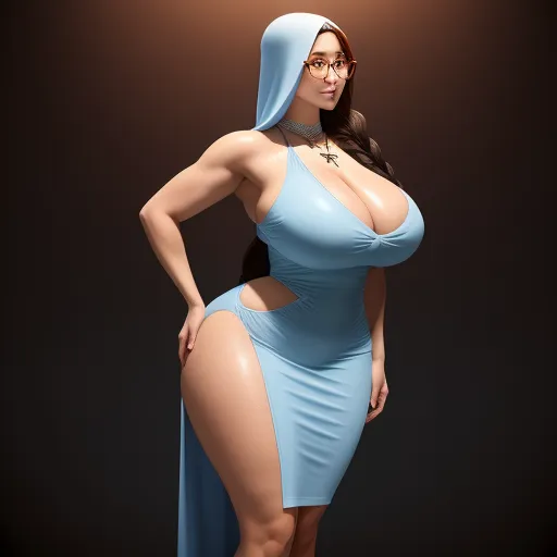 text-to-image ai free - a woman in a blue dress with a hoodie on and a big breast is posing for a picture, by Hanna-Barbera