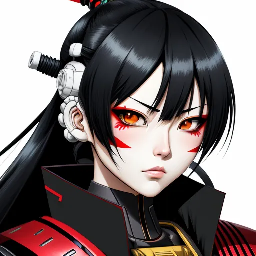 ai text image generator - a woman with black hair and red eyes wearing a black and red outfit with a red and yellow eye, by Baiōken Eishun