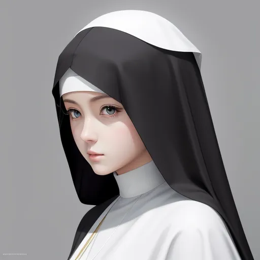 a nun with a black veil and white dress on her head and a gray background with a white cross, by Leiji Matsumoto