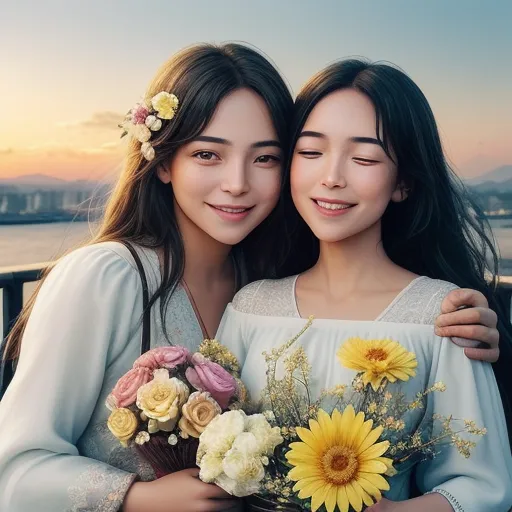 two young women are hugging each other while holding flowers and smiling at the camera with a sunset in the background, by Chen Daofu