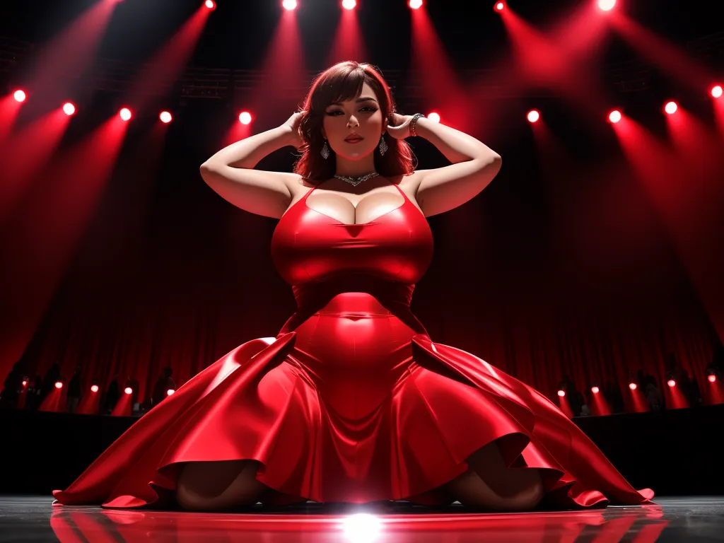 how to increase picture resolution - a woman in a red dress on a stage with red lights behind her and a spotlight behind her,, by Terada Katsuya