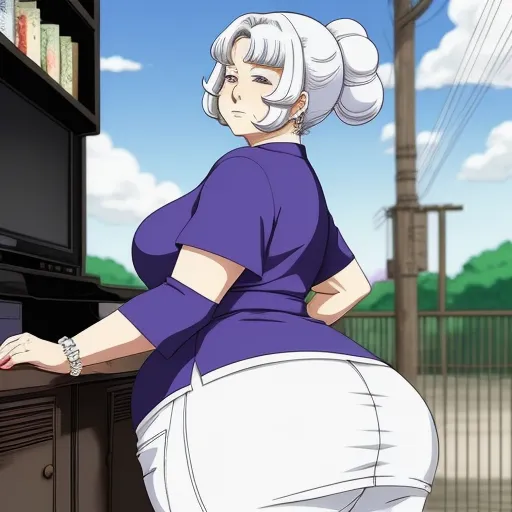 turn picture online - a woman in a purple shirt and white skirt leaning on a cabinet with a tv in the background and a book shelf with books, by Rumiko Takahashi