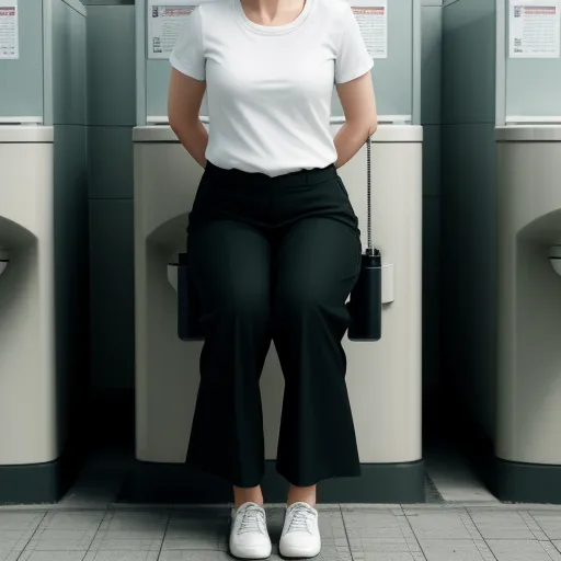 a woman sitting on a bench in front of a row of urinals with her hands on her hips, by Cindy Sherman