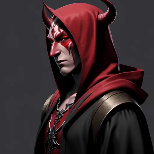 a man in a red devil mask and black hoodie with horns on his head and a red hood, by François Louis Thomas Francia