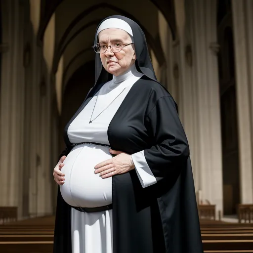 a woman in a nun outfit holding a large white ball in a church aisle with pews on the side, by Alex Prager