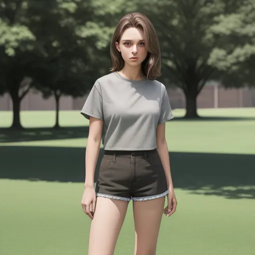 a woman in a short skirt and a t - shirt standing in a field of grass with trees in the background, by Hsiao-Ron Cheng