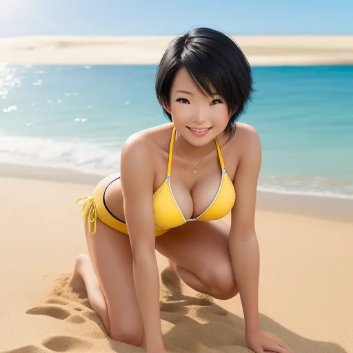 how to fix low resolution photos - a woman in a yellow bikini on a beach with a blue sky in the background and a blue sky in the background, by Terada Katsuya