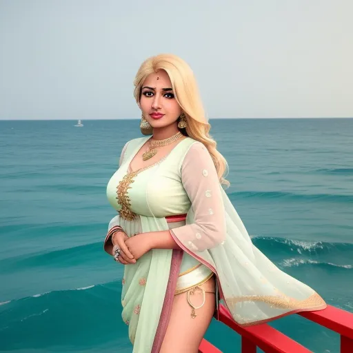 how to fix low resolution pictures on phone - a woman in a white and green outfit standing on a red railing near the ocean with a sailboat in the background, by Sailor Moon
