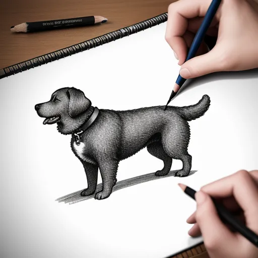 ai text to picture generator - a drawing of a dog on a paper with a pencil in it's mouth and a person's hand holding a pen, by Chris Van Allsburg