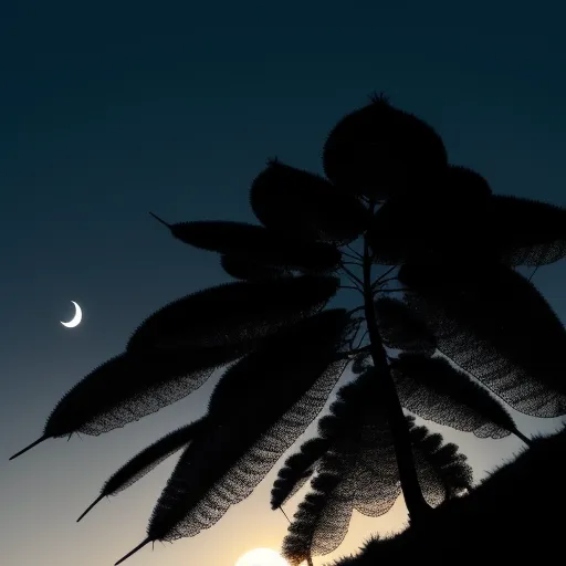 a plant with a crescent moon in the background and a dark sky with a few clouds in the foreground, by Peter Holme III