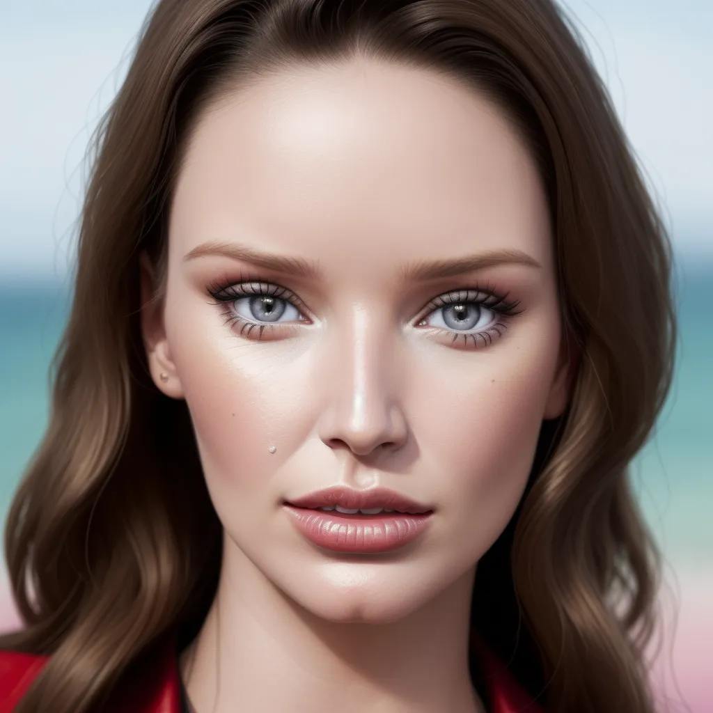 high resolution image - a digital painting of a woman with blue eyes and a red shirt on a beach background with a pink and blue sky, by Sailor Moon