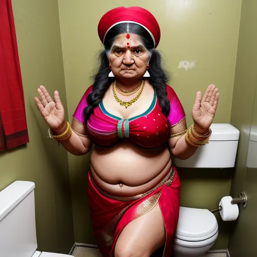 ai picture generator from text - a woman in a red sari is standing in a bathroom with a toilet and a red shower curtain, by Alec Soth