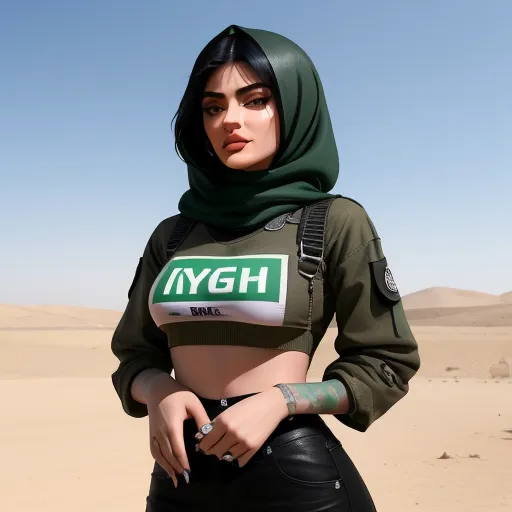 photo coverter - a woman in a green hoodie and black pants standing in the desert with her hands on her hips, by Hendrik van Steenwijk I
