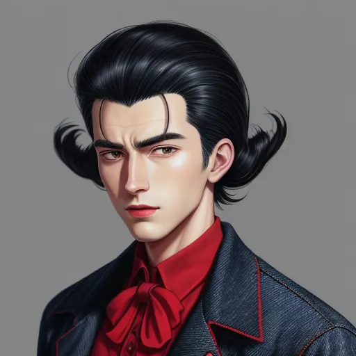 a man with a red shirt and a black jacket with a bow tie on his head and a black hair, by Hirohiko Araki