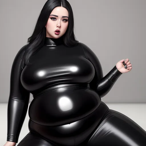 a woman in a black latex outfit poses for a picture with her hands on her hips and her mouth open, by Terada Katsuya