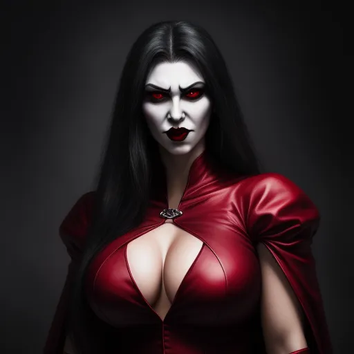 low res image to high res - a woman in a red leather outfit with a vampire makeup on her face and a black background with a black background, by Heinrich Danioth