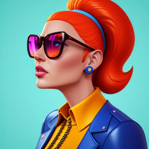 a woman with red hair wearing sunglasses and a blue jacket with a yellow shirt and a blue necklace and a yellow shirt, by Tom Whalen