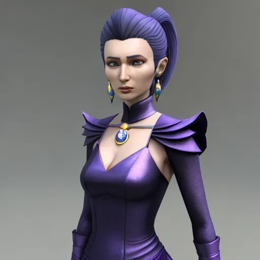 a woman in a purple dress with a necklace and earrings on her neck and a necklace on her neck, by Pixar Concept Artists