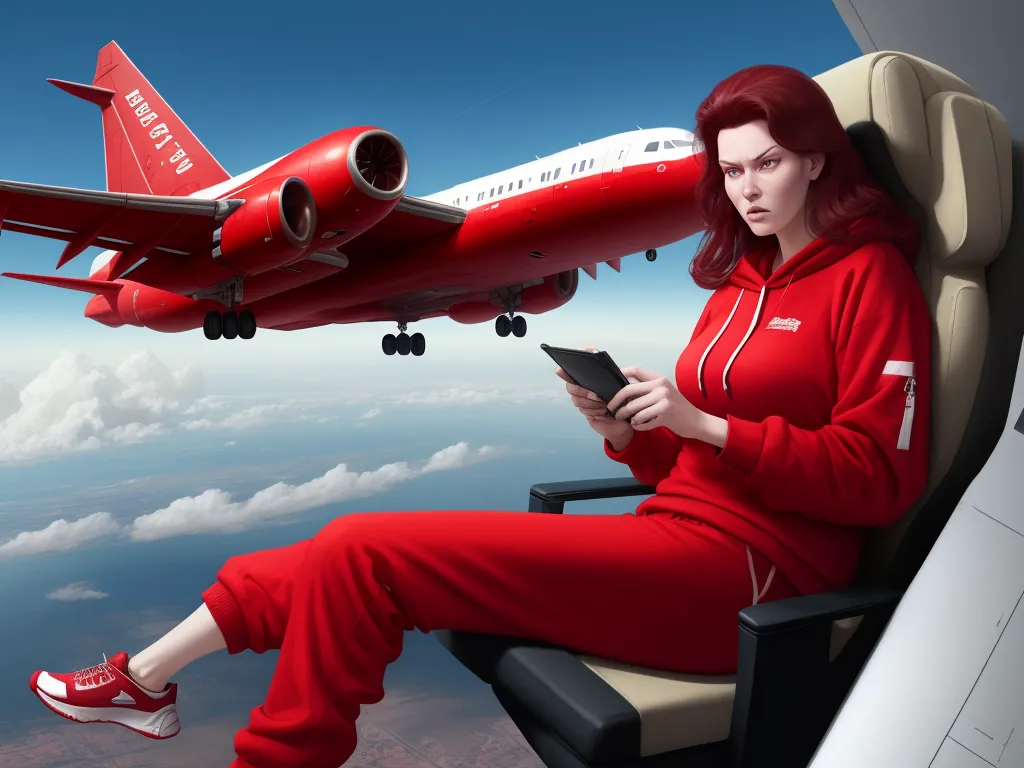 best ai image app - a woman in red is sitting on a chair and looking at a tablet computer while a plane flies overhead, by Daniela Uhlig