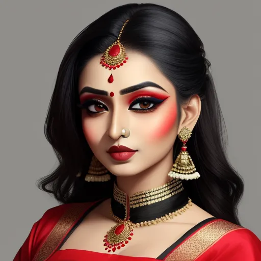 4k quality converter photo - a woman with a red and gold makeup and jewelry on her face, wearing a red and gold outfit, by Raja Ravi Varma