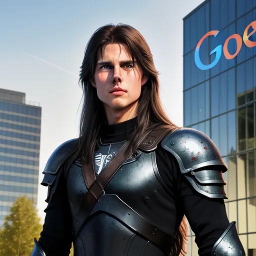 ultra hd print - a woman in a futuristic suit standing in front of a building with a google logo on it's side, by Hendrick Goudt