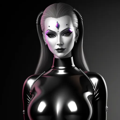 how to increase picture resolution - a woman with a black body and purple eyes is wearing a black outfit with silver accents and a pink nose ring, by Terada Katsuya