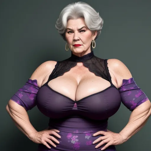 word to image generator - a woman with big breast wearing a purple dress and black stockings with her hands on her hips, posing for a picture, by Botero