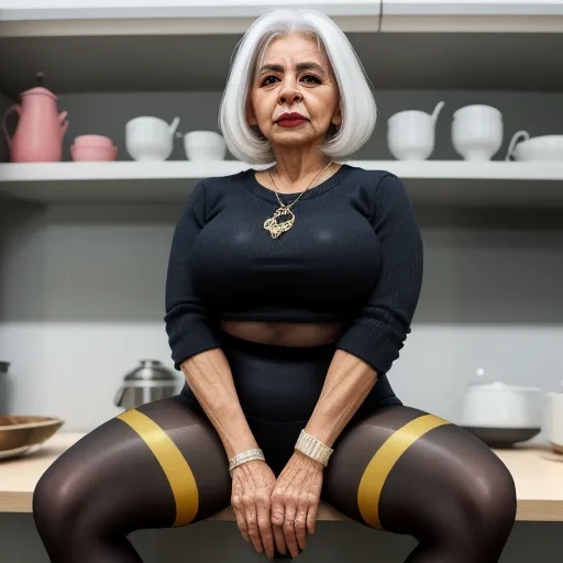 a woman with white hair and black stockings sitting on a counter top in a kitchen with a shelf of teapots, by Barbara Nessim