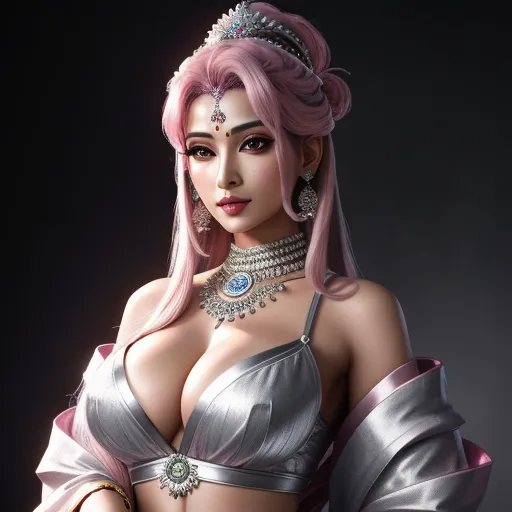 a woman with pink hair wearing a silver outfit and jewelry on her chest and chest, with a tiara on her head, by Chen Daofu