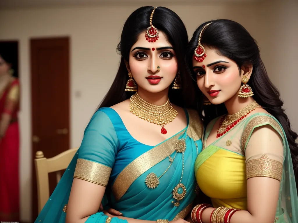 two women in indian attire posing for a picture together, both wearing jewelry and a sari, both looking at the camera, by Raja Ravi Varma