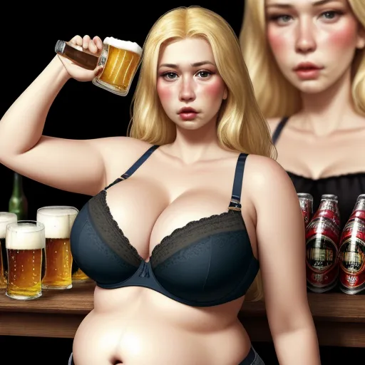 a woman in a bra holding a beer and a glass of beer next to a shelf with beer cans, by Terada Katsuya