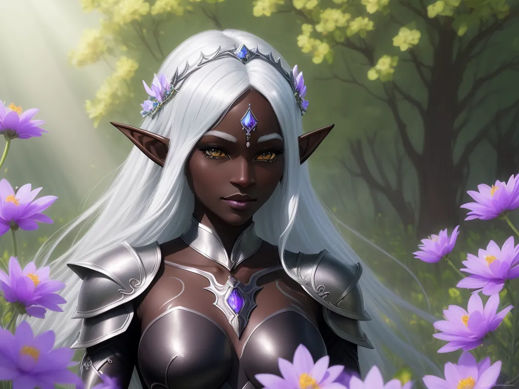 ai text to picture generator - a woman with white hair and a white dress standing in a field of flowers with purple flowers around her, by Lois van Baarle