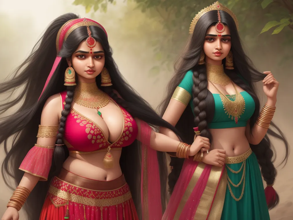 two beautiful women dressed in indian clothing posing for a picture together in a forest setting with trees in the background, by Raja Ravi Varma