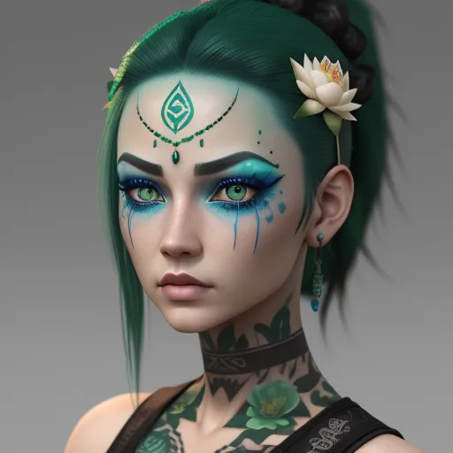 ai image generator from image - a woman with green hair and tattoos on her face and neck with a flower in her hair and a lotus on her head, by Lois van Baarle