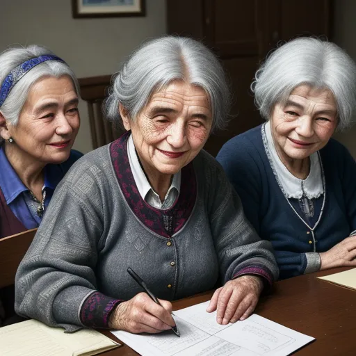 three older women sitting at a table with a pen and paper in front of them, and a note pad in front of them, by Hiromu Arakawa