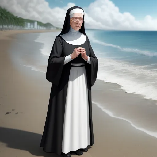 a woman in a nun outfit standing on a beach next to the ocean with a blue sky and clouds, by Francisco Oller