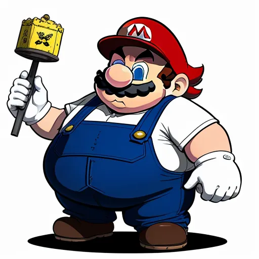 low res image to high res - a cartoon character holding a hammer and a piece of paper in his hand, with a mustache and mustache, by Ken Sugimori